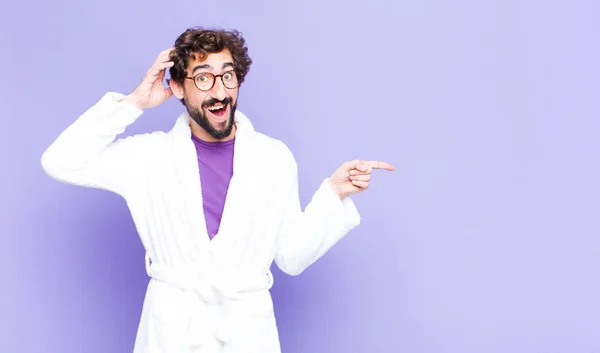 Young Bearded Man Wearing Bathrobe Laughing Looking Happy Positive Surprised — Stock Photo, Image