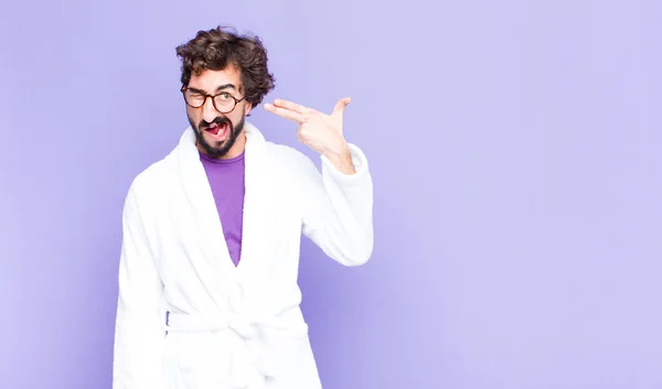 Young Bearded Man Wearing Bathrobe Looking Unhappy Stressed Suicide Gesture — Stock Photo, Image