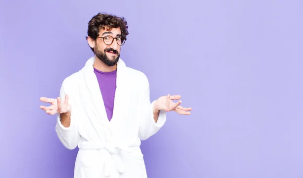 Young Bearded Man Wearing Bathrobe Feeling Clueless Confused Sure Which — Stock Photo, Image