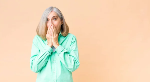 Middle Age Cool Woman Feeling Worried Upset Scared Covering Mouth — Stock Photo, Image