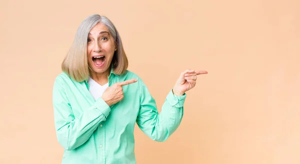 Middle Age Cool Woman Feeling Joyful Surprised Smiling Shocked Expression — Stock Photo, Image