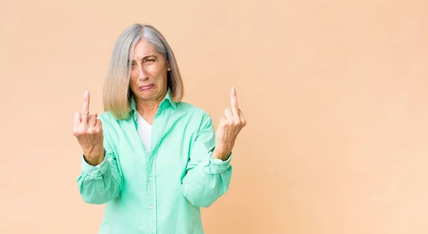 Middle Age Cool Woman Feeling Provocative Aggressive Obscene Flipping Middle — Stock Photo, Image