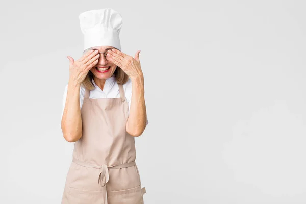Middle Age Baker Woman Smiling Feeling Happy Covering Eyes Both — Stock Photo, Image