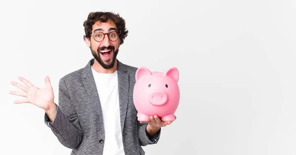 Young Crazy Bearded Businessman Piggy Bank — Stock Photo, Image