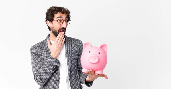 Young Crazy Bearded Businessman Piggy Bank — Stock Photo, Image