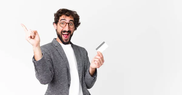 Young Crazy Bearded Man Credit Card — Stock Photo, Image