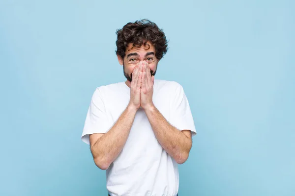 Young Crazy Bearded Man Looking Happy Cheerful Lucky Surprised Covering — Stock Photo, Image