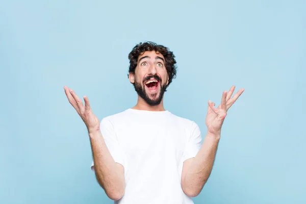 Young Crazy Bearded Man Feeling Happy Amazed Lucky Surprised Celebrating — Stock Photo, Image
