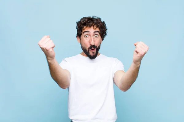 Young Crazy Bearded Man Celebrating Unbelievable Success Winner Looking Excited — Stock Photo, Image