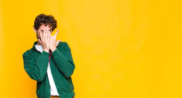 Young Crazy Bearded Man Covering Face Hands Peeking Fingers Surprised — Stock Photo, Image