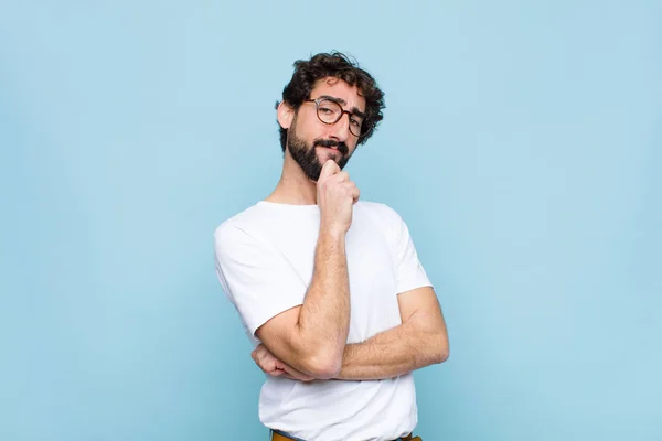 Young Bearded Man Glasses Blue Wall — Stock Photo, Image