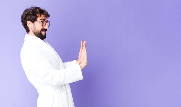 Young Crazy Bearded Man Wearing Bathrobe Copy Space Wall — Stock Photo, Image