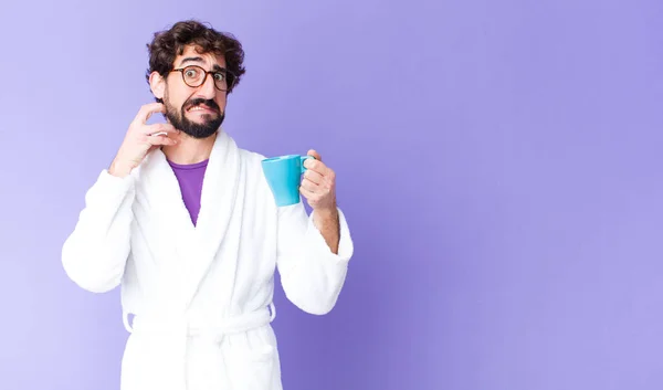 Young Crazy Bearded Man Wearing Bathrobe Having Coffee — Stock Photo, Image
