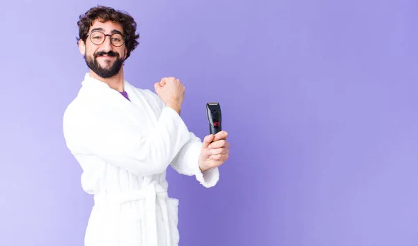 Young Crazy Bearded Man Wearing Bathrobe Razor Shaver — Stock Photo, Image