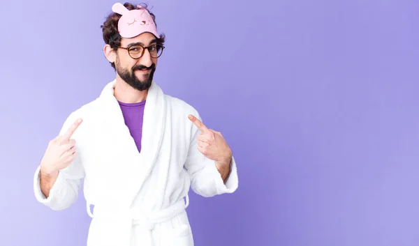 Young Crazy Bearded Man Wearing Bathrobe Sleep Mask — Stock Photo, Image