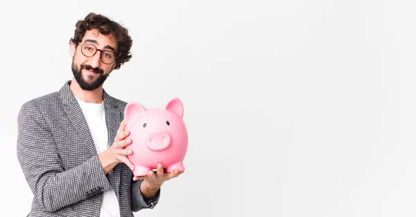 Young Crazy Bearded Businessman Piggy Bank — Stock Photo, Image