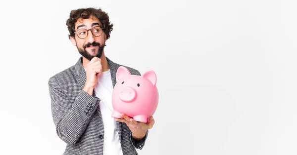 Young Crazy Bearded Businessman Piggy Bank — Stock Photo, Image