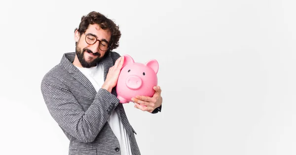 Young Crazy Bearded Businessman Piggy Bank — Stock Photo, Image