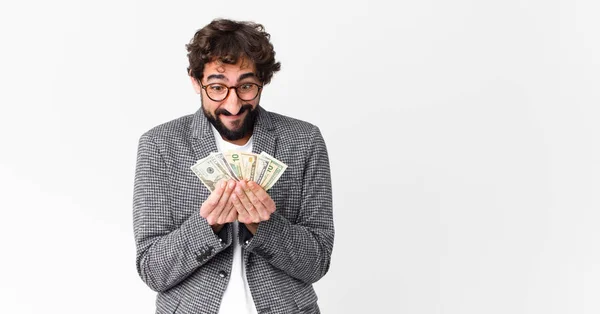 Jonge Gekke Bebaarde Man Met Dollarbankbiljetten — Stockfoto