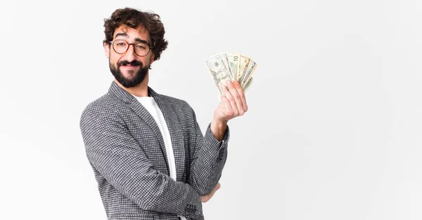 Young Crazy Bearded Man Dollar Banknotes — Stock Photo, Image