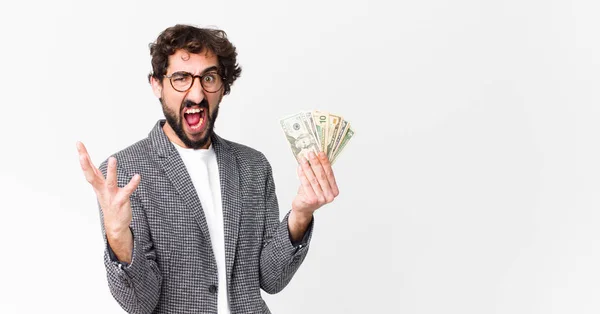 Jovem Louco Barbudo Homem Com Notas Dólar — Fotografia de Stock