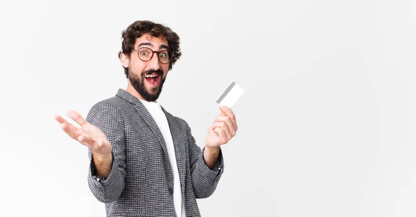 Young Crazy Bearded Man Credit Card — Stock Photo, Image