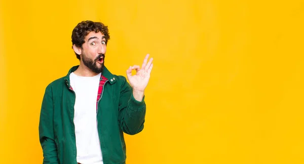 Young Crazy Bearded Man Feeling Successful Satisfied Smiling Mouth Wide — Stock Photo, Image