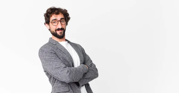 Young Crazy Bearded Businessman Copy Space Wall Stock Picture