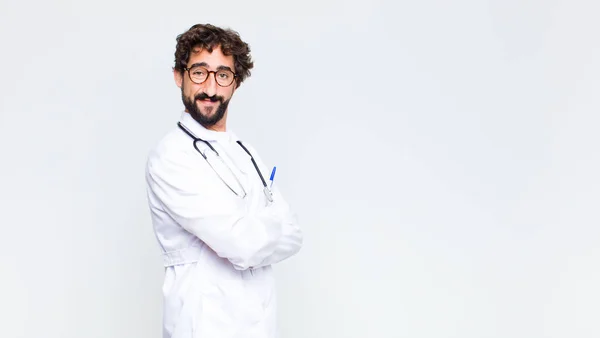 Young Doctor Man Smiling Camera Crossed Arms Happy Confident Satisfied — Stock Photo, Image