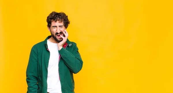 Young Crazy Bearded Man Holding Cheek Suffering Painful Toothache Feeling — Stock Photo, Image