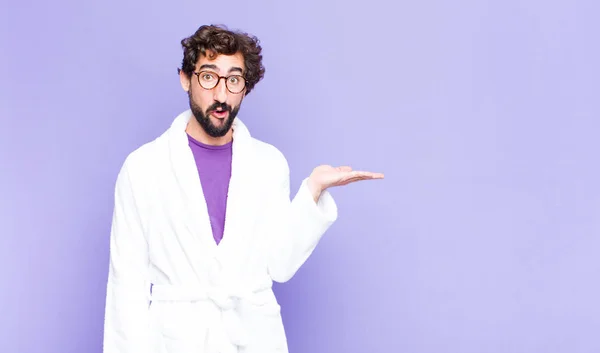 Young Bearded Man Wearing Bathrobe Looking Surprised Shocked Jaw Dropped — Stock Photo, Image