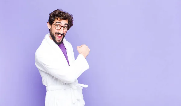 Young Bearded Man Wearing Bathrobe Feeling Happy Positive Successful Motivated — Stock Photo, Image