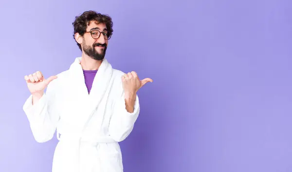 Young Bearded Man Wearing Bathrobe Smiling Cheerfully Casually Pointing Copy — Stock Photo, Image