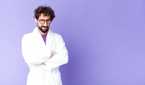 Young Bearded Man Wearing Bathrobe Feeling Displeased Disappointed Looking Serious — Stock Photo, Image