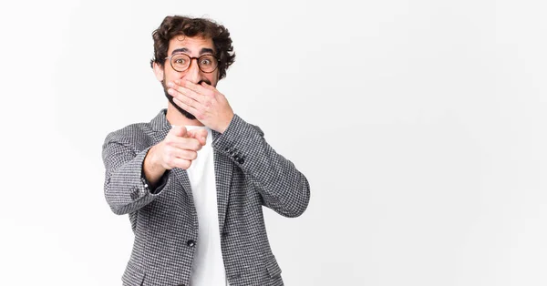 Young Crazy Businessman Laughing You Pointing Camera Making Fun Mocking — Stock Photo, Image