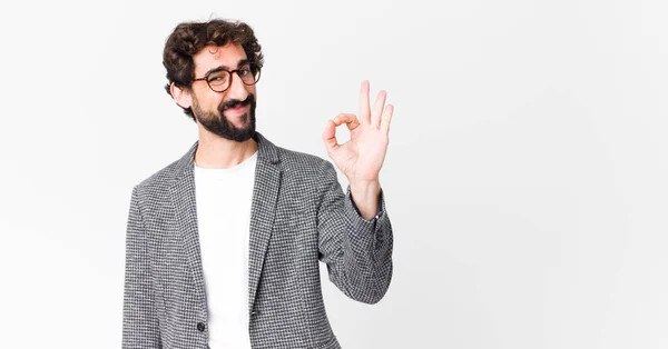 Jovem Empresário Louco Sentindo Feliz Relaxado Satisfeito Mostrando Aprovação Com — Fotografia de Stock