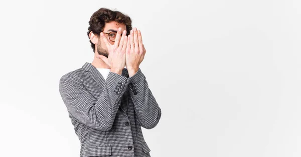 Young Crazy Businessman Covering Face Hands Peeking Fingers Surprised Expression — Stock Photo, Image