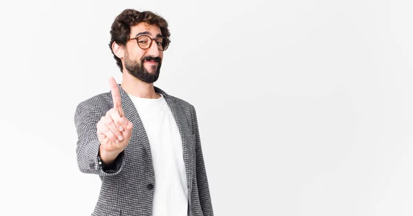 Joven Empresario Loco Sonriendo Orgullosa Confiadamente Haciendo Pose Número Uno —  Fotos de Stock