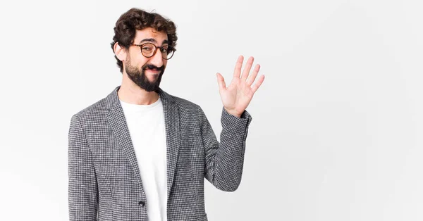 Joven Empresario Loco Sonriendo Feliz Alegremente Saludándote Con Mano Dándote —  Fotos de Stock