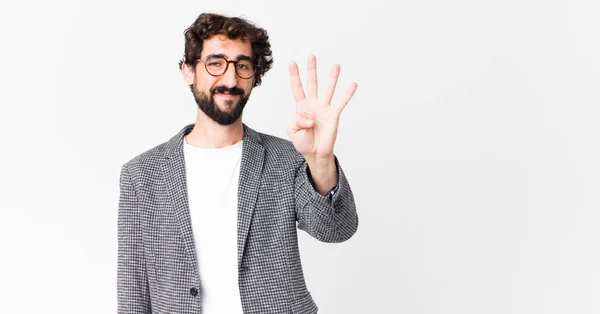 Joven Loco Hombre Negocios Sonriendo Buscando Amigable Mostrando Número Cuatro —  Fotos de Stock