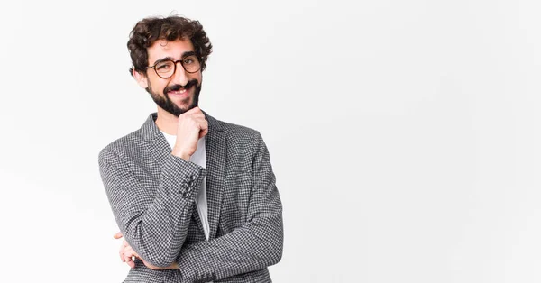 Jovem Empresário Louco Sorrindo Curtindo Vida Sentindo Feliz Amigável Satisfeito — Fotografia de Stock