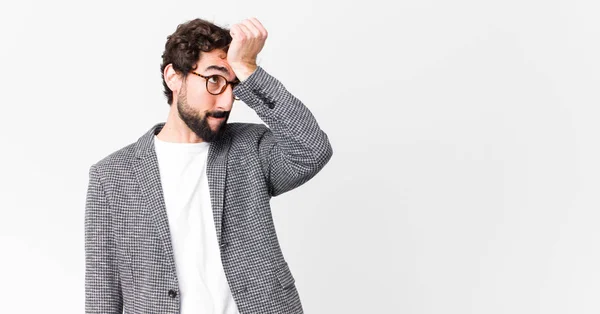 Young Crazy Businessman Raising Palm Forehead Thinking Oops Making Stupid — Stockfoto