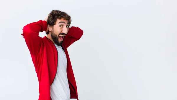 Joven Barbudo Vista Posterior Hombre Buscando Nervioso Ansioso Preocupado Diciendo —  Fotos de Stock