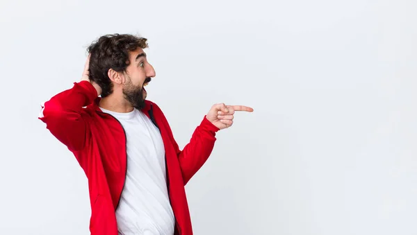 Young Bearded Man Back View Laughing Looking Happy Positive Surprised — Stock Photo, Image