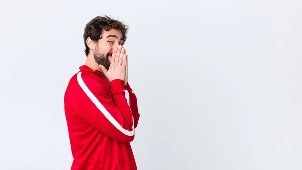 Young Bearded Man Back View Happy Excited Surprised Amazed Covering — Stock Photo, Image