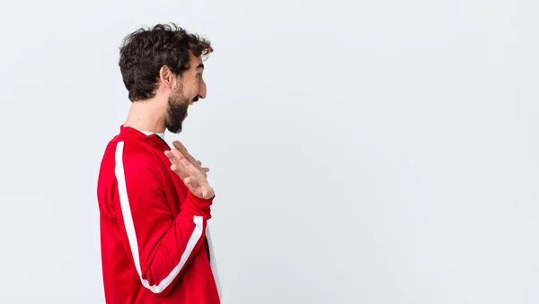 Joven Barbudo Vista Trasera Del Hombre Mirando Feliz Emocionado Sorprendido — Foto de Stock