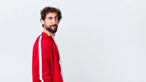 Young Bearded Man Back View Looking Goofy Funny Silly Cross — Stock Photo, Image