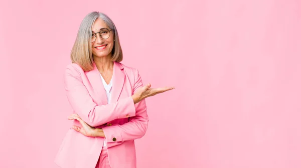 Middle Age Cool Woman Smiling Cheerfully Feeling Happy Showing Concept — Stock Photo, Image