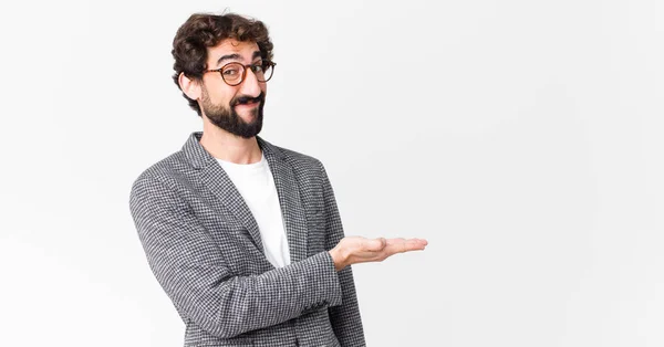 Young Crazy Businessman Smiling Cheerfully Feeling Happy Showing Concept Copy Stock Picture