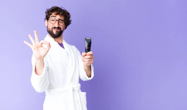 Young Crazy Bearded Man Wearing Bathrobe Razor Shaver — Stock Photo, Image